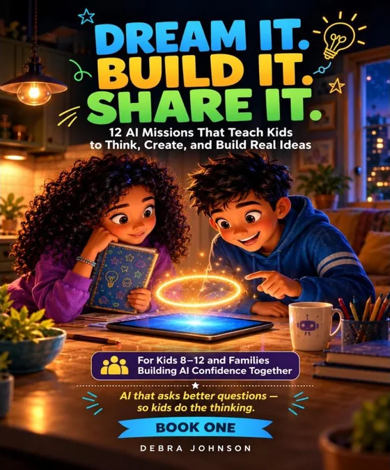 Cover of Dream It. Build It. Share It. by Debra Johnson: two children at a table looking at a glowing tablet